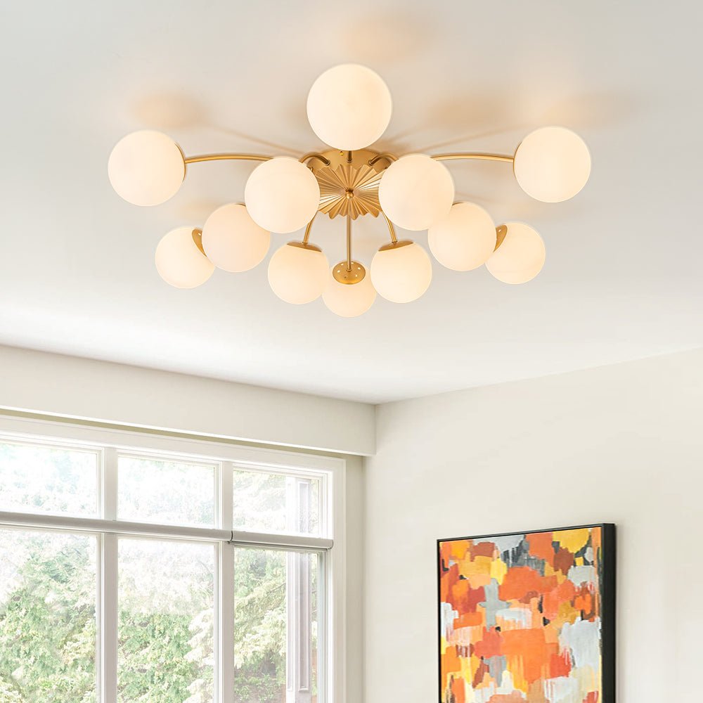 Plafonnier semi-encastré contemporain à 12 lumières avec globe en verre opalin