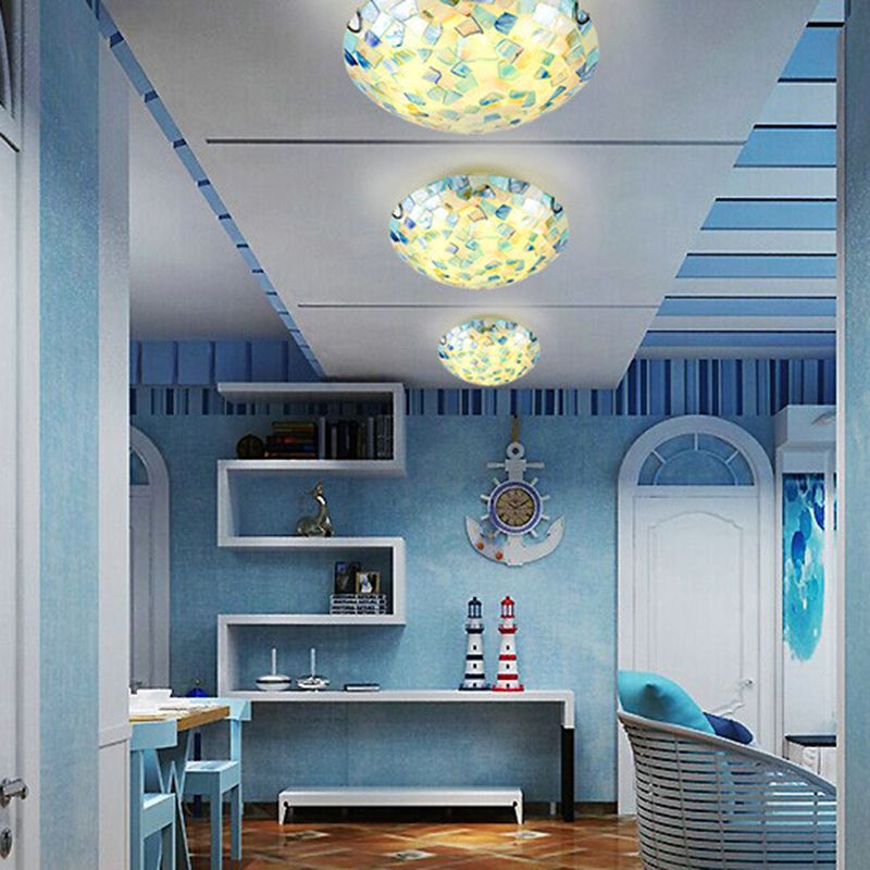 Contemporary Semi-Globe Metal/Shell LED Flush Mount Ceiling Light White/Blue/Orange